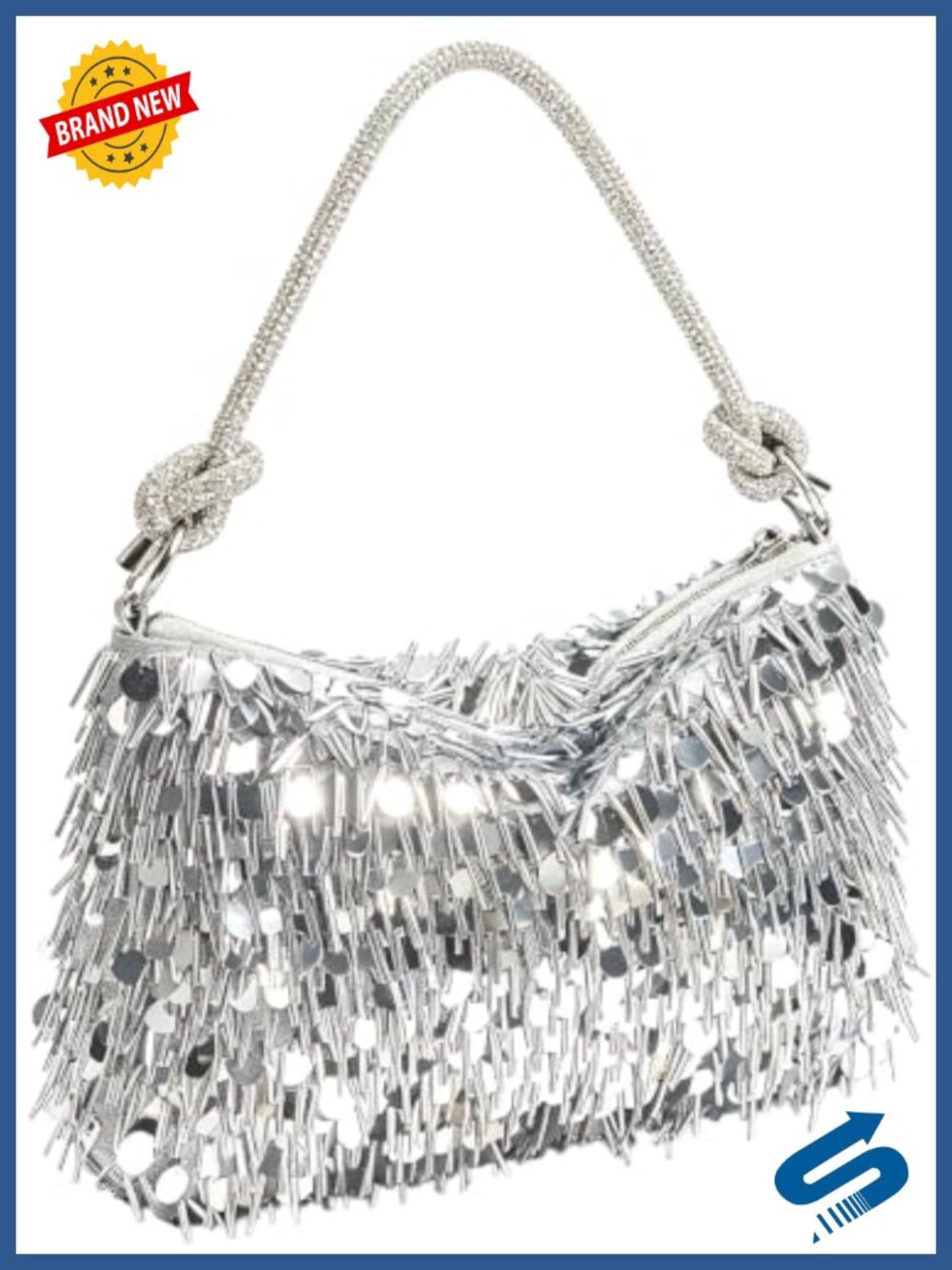 Silver Sequin Fringe Clutch Evening Bag with Rhinestone Strap